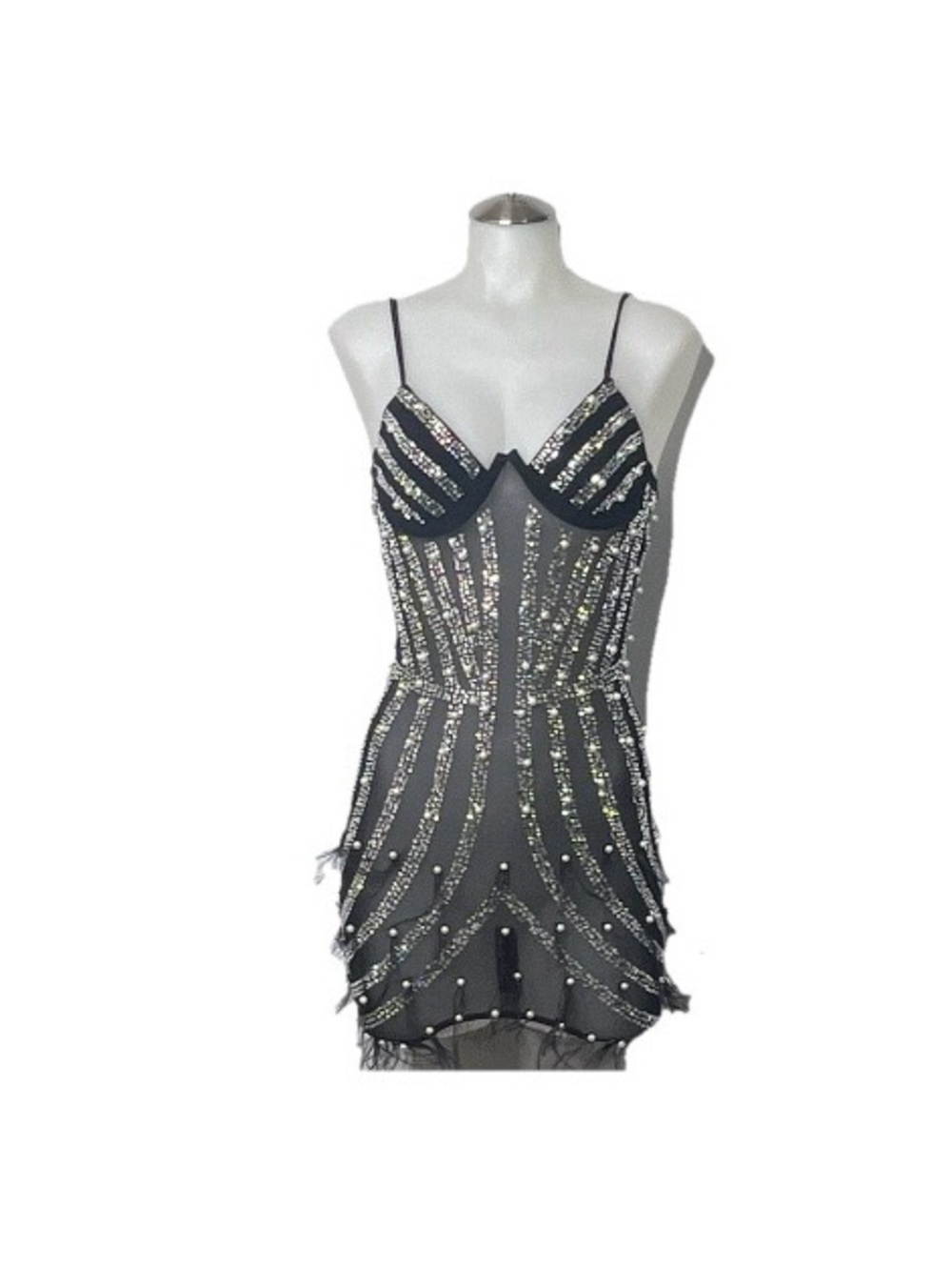 Queen Mania Embellished Black Sequin Sheer Slip Dress